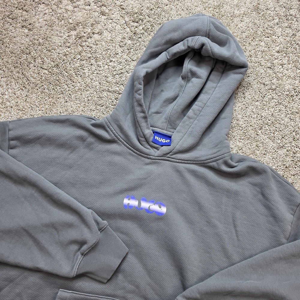 HUGO Hoodie Mens Extra Large Gray Pullover Heavyweight Hooded Pockets Logo Adult